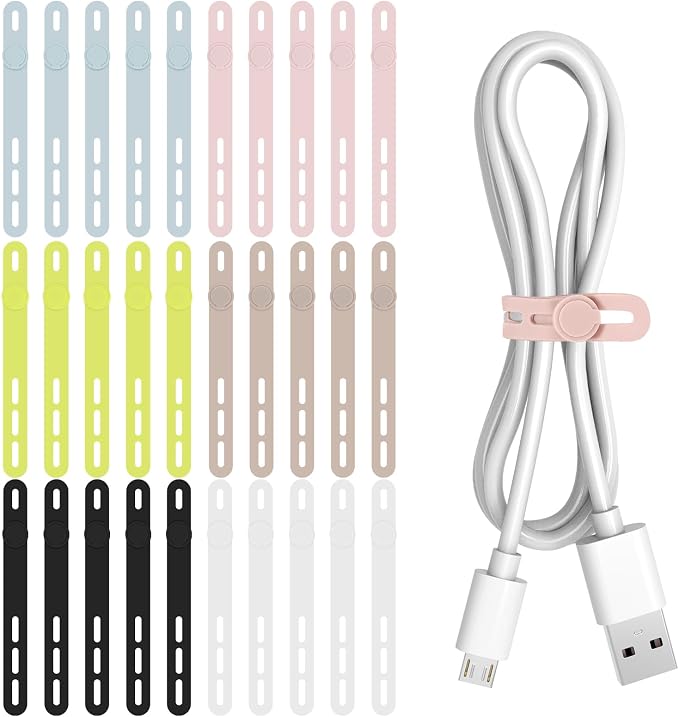 Donruby 30Pcs Silicone Cable Ties - Reusable & Washable with Adjustable Locking Buckles, High Elasticity Cable Management Straps for Home, Office, School, Travel Essential Cord Organizer (6 Colors)