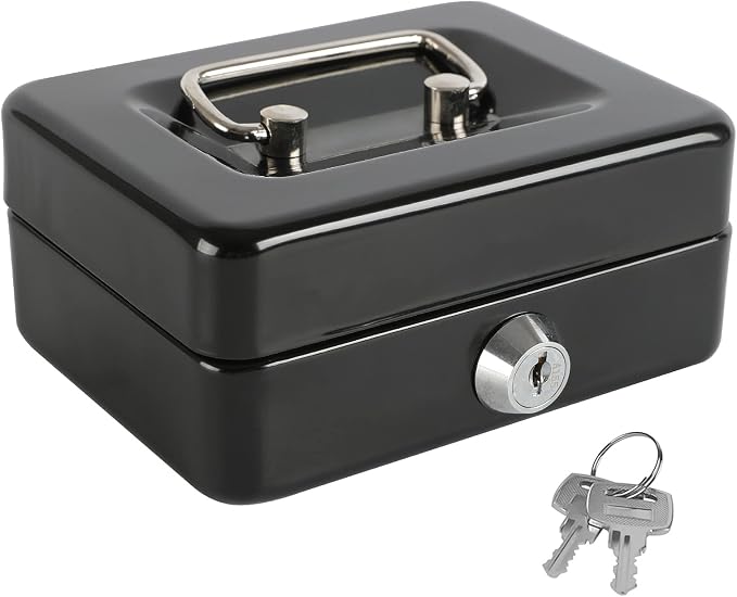 xydled Locking Steel Mini Cash Box with Removable Coin Tray and Key Lock,4.92" x 3.74" x 2.36",Black