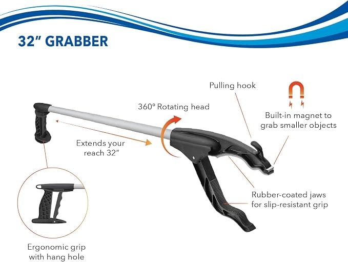 Unger Grabber Reacher Lightweight Multi-Purpose Tool with Trigger Grip, 360 Degree Rotating Head, and Magnetic Tip, 32", Assorted