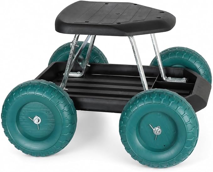 BEETOW Rolling Garden Seat with Wheels, Gardening Stool and Garden Scooter Cart with Storage Tool Tray, Rolling Garden Work Seat for Weeding, Planting, Pruning, Yard Work and Garage Repair