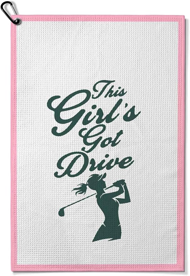 Girl's Golf Towel with Clip, Funny Golf Bag Accessories for Women,"This Girl's Got Drive"Golf Gifts for Mom Grandma Lady,16x24 Waffle Weave Microfiber Pink, Birthday Christmas Retirement Golfer Gifts