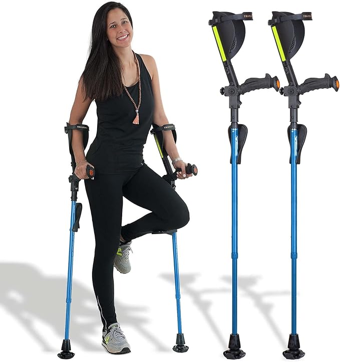 Ergobaum 7G by Ergoactives. 1 Pair (2 Units) of Ergonomic Forearm Crutches - Adult 5' - 6'6'' Adjustable, Foldable, Ergonomic, Shock Absorber, Non-Slip, Knee-Rest Platforms, LED Lights (Blue)