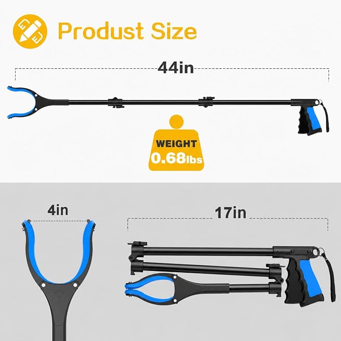 2Pack Extra Long Grabber Reacher Tool，Foldable Trash Pick Up Stick for Seniors with Strong Grip Magnetic，360°Rotating Anti-Slip Jaw 4" Wide Claw Opening,Hand Grabber (YellowBlack+Blueblack, 44INCH)