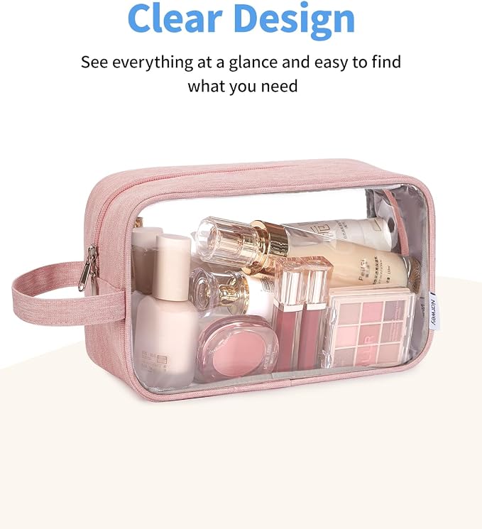 Narwey Clear Travel Toiletry Bags for Traveling Toiletries Men Women, Clear Makeup Bag Cosmetic Bag with Zipper, Make Up Pouch Organizer Bag with Handle, Skincare Beach Snack Medicine Bag, Pink