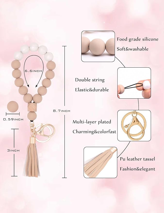 BAOSIWA Silicone Key Ring Bracelet Wristlet Keychain Unique Beaded Bangle Key Chains for Women with Leather Tassel