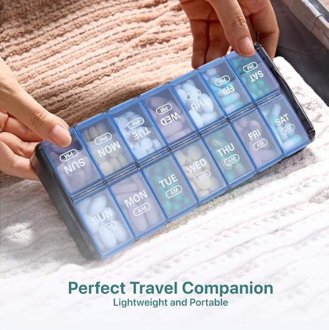 Sukuos Weekly Pill Organizer 7 Day 2 Times a Day, Quick Fill Daily Pill Box AM PM, Easy to Open Large Vitamin Cases (Blue)