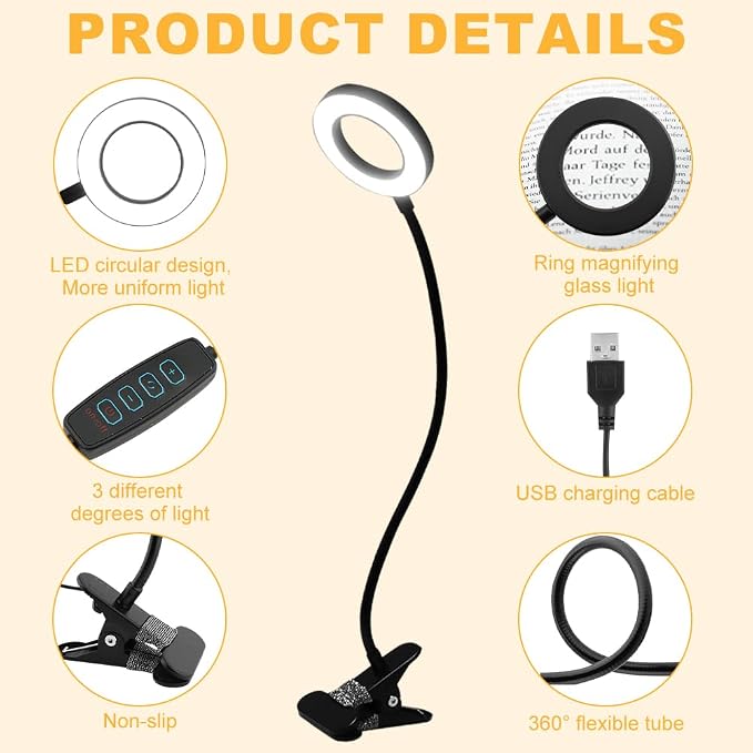 5X Magnifying Glass with Light, 3 Color Modes LED Lighted Desk Lamp, USB Powered Magnifier Lamp with Metal Clamp, Flexible Gooseneck Magnifier for Bed Work Crafts DIY Repair(Black)