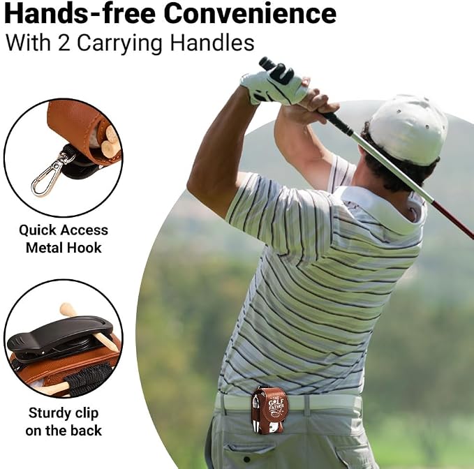 Wrappiness The Golf Father Golf Ball Bag - Golfer Accessories for Men Premium Leather Holder with Clip - Custom Golf Tee Pouch Unique Gift for Dad