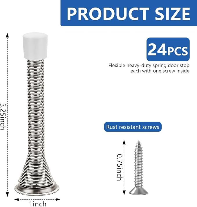 KISEER 24 Pack Spring Door Stops 3 1/4 Inch Flexible Heavy Duty Spring Door Stopper with RustProof Screw Rubber Bumper Tips (Satin Nickel)