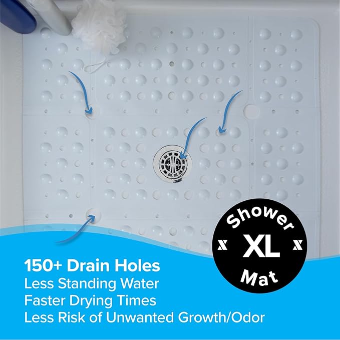 SlipX Solutions 27" Oversize Square Shower Mat, Non-Slip Mat for Elderly & Kids, 100+ Power Grip Suction Cups for Smooth Surfaces, Machine Washable, White