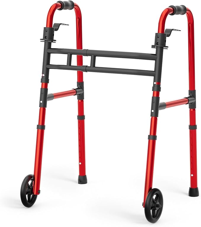 Loyoda Folding Walkers for Seniors Adjustable Aluminum Front Wheel Walker | 5" Wheels, Trigger Release Folding, Height & Width Adjustable, Lightweight Standard Walker, 350 lbs Capacity, Red