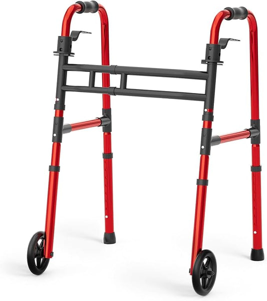 Loyoda Folding Walkers for Seniors Adjustable Aluminum Front Wheel Walker | 5" Wheels, Trigger Release Folding, Height & Width Adjustable, Lightweight Standard Walker, 350 lbs Capacity, Red