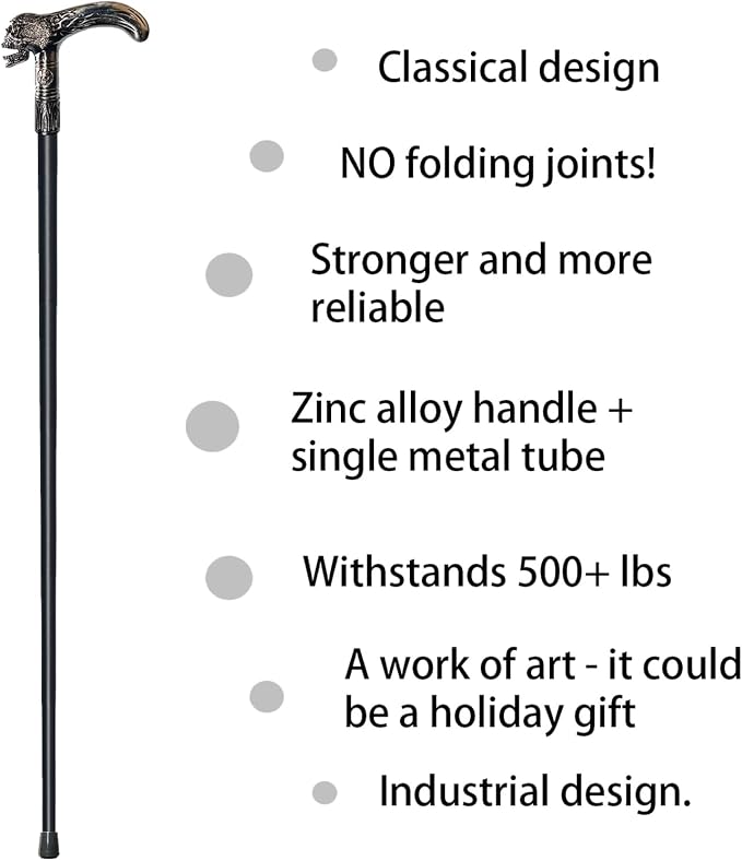 Walking Cane for Men & Women & Seniors - 36.5 Inch Heavy Duty 500+ lbs Capacity, Skull Ergonomic Handle, Decorative & Ornate Design, Gothic & Goth Elegant Black & Silver Artistry, Metal Cane