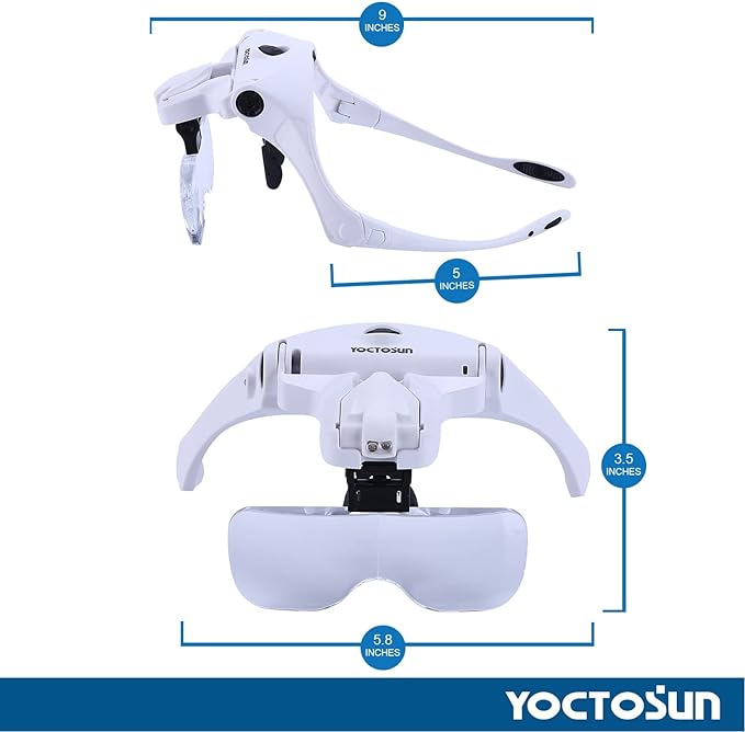 YOCTOSUN Magnifying Glasses with Light, Head Mount Magnifier with 5 Lenses, Headband, Storage Case, Hands Free LED Lighted Head Magnifying Visor for Close Work Hobby Crafts