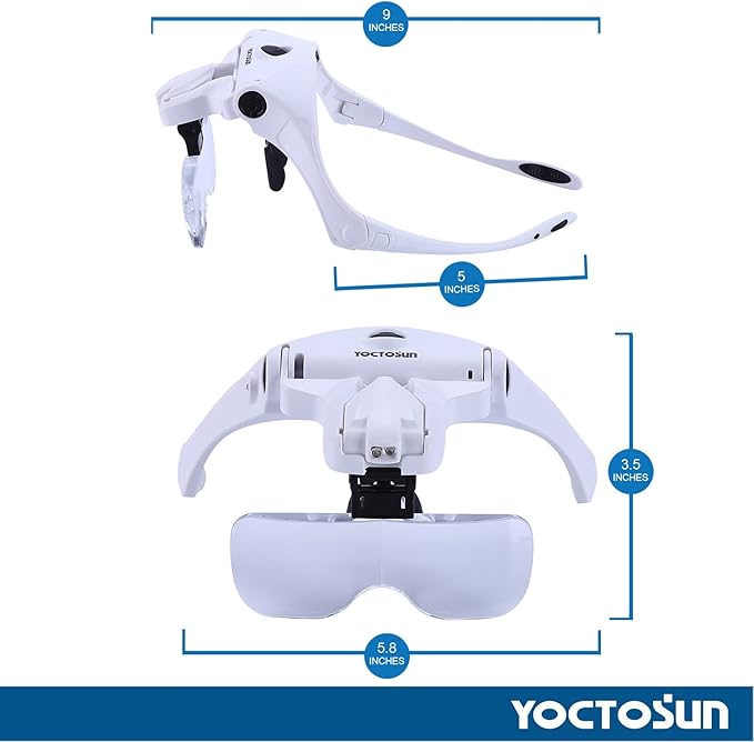 YOCTOSUN LED Head Magnifier, Rechargeable Hands Free Headband Magnifying Glasses with 2 Led, Professional Jeweler's Loupe Light Bracket and Headband are Interchangeable