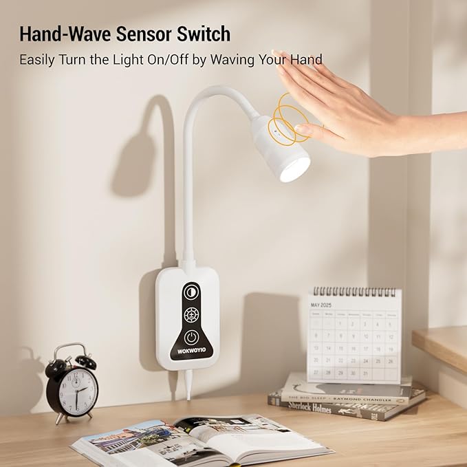 Wall Mounted Reading Light with Hand Sweep Sensor Switch, Book Light for Reading with USB Output, 5 Color & Brightness Dimmable Bedside Light, Wall Lamp with Flexible Neck - White 2 Pack