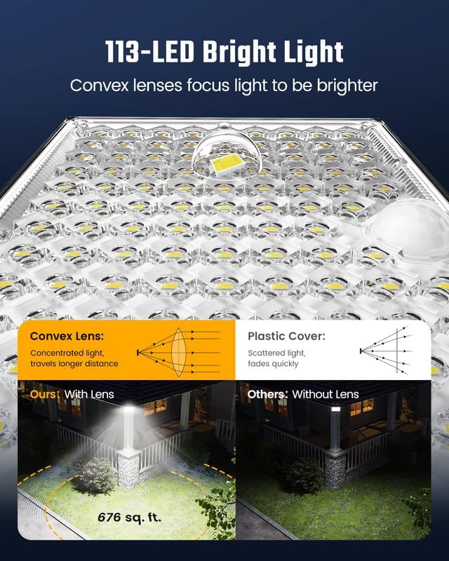 SUPERDANNY Solar Outside Lights with 113 Bright LEDs 7000K with 16ft Cable | 2 Pack, 3 Modes Motion Sensor Outdoor Flood Lights Dusk to Dawn, IP65 Waterproof, Security for Garden Barn Porch Patio
