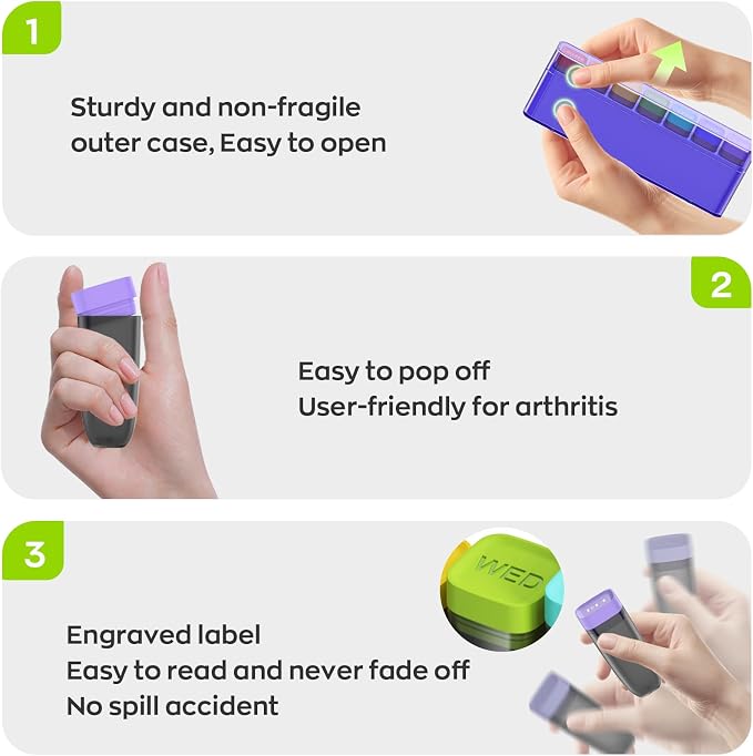HIONXMGA Weekly Pill Organizer, Detachable 7-Color Pill Box, Easy Open | Portable Travel Pill Case Container for Daily Medication Easy Track, Privacy Protection, Built-in Quick Fill Design, Purple