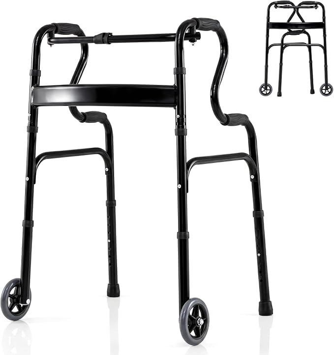 Goplus 3-in-1 Stand-Assist Folding Walker with 5" Wheels, Heavy Duty Walking Mobility Aid Supports up to 220lbs, Can be Used as Toilet Safety Rail, Narrow Drive Walkers for Seniors Elderly Adult