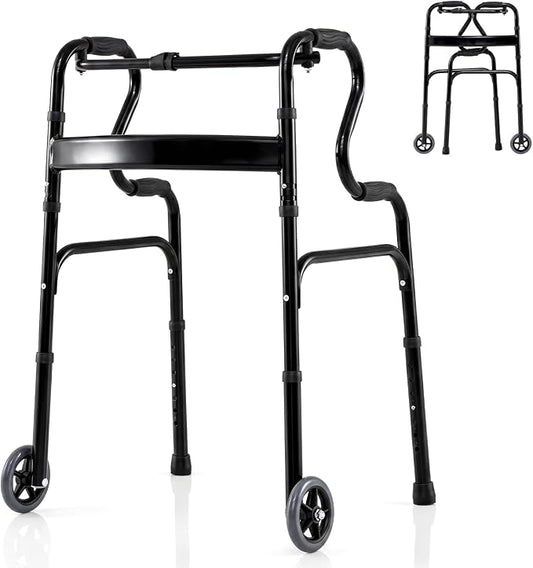 Goplus 3-in-1 Stand-Assist Folding Walker with 5" Wheels, Heavy Duty Walking Mobility Aid Supports up to 220lbs, Can be Used as Toilet Safety Rail, Narrow Drive Walkers for Seniors Elderly Adult