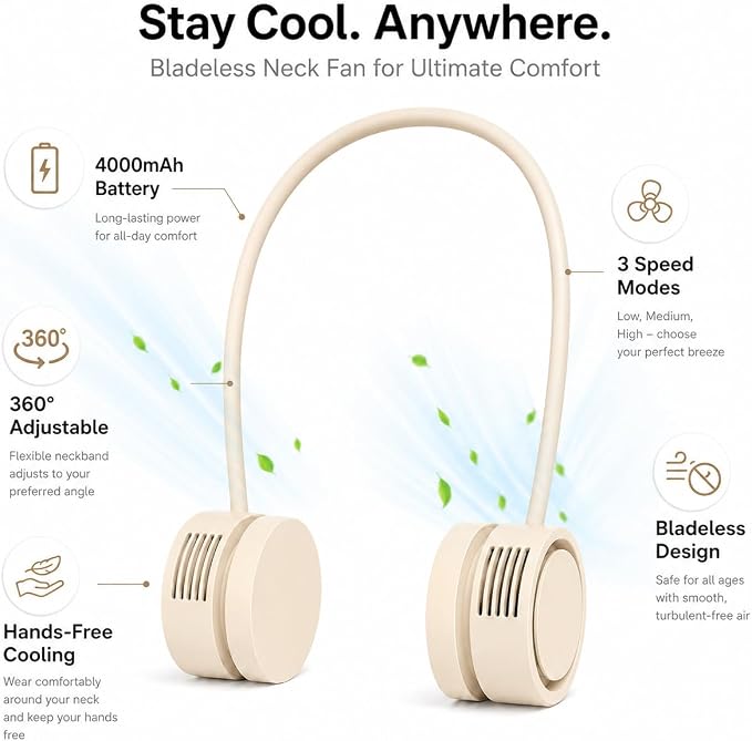 Neck Fan, Portable Bladeless Neck Fans, 4000mAh Foldable Rechargeable Bladeless Fan, 3 Speeds & Enhanced Cooling Power, Hands-Free USB Personal Fan for Men, Women, Outdoor, Travel, Ideal Gift(Apricot)