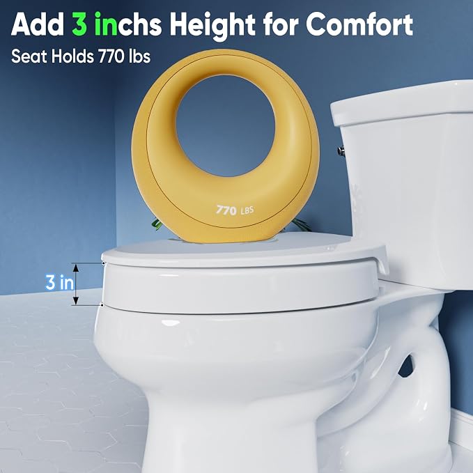 SAMODRA Elongated Raised Toilet Seat Riser, White | 3 Inch High Elevated Toilet Seat for Seniors, Soft Close, Non-slip Bumpers , Easy Install & Clean