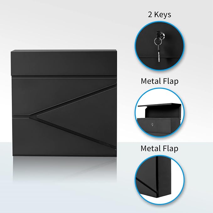 Wall-Mount Mailbox for House Outside, Security Key Drop Box with Lock and Keys, Locking Postbox, Steel Metal Rust-Proof Mail Box, 11.02 x 11.02 x 4.33 Inch, Black, MD021