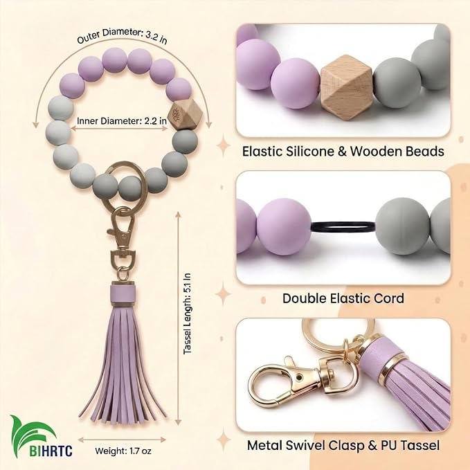 BIHRTC Key Ring Bracelet Car Keychain Holder Wristlet Silicone Women Beaded Bangle Chains