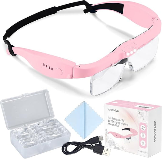 YOCTOSUN Magnifying Glasses with Light, Rechargeable Magnifying Headset with 5 Detachable Lenses 0.75X-4.0X and 3 LED Lights, Hands Free Headband Magnifier for Close Work Hobby Crafts Jewelry