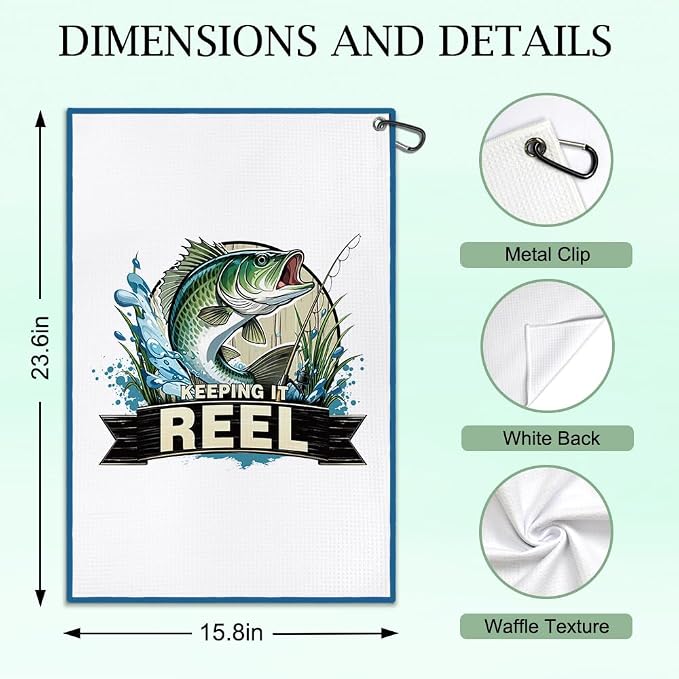 DYJYBMY Keeping It Reel Printed Golf Towel with Clip, Retro Sea bass Sport Towel for Fishing Lover, Retirement Gifts for Coworker, Father's Day Birthday Appreciation Gifts for Husband Dad Grandpa