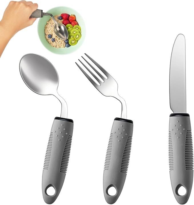 3-Piece Adaptive Utensils Set - 42° Angled Parkinsons Utensils, 2.5 oz Weighted Utensils for Tremors and Parkinsons Patients, Easy Grip Weighted Silverware for Hand Tremors (Right-Handed)
