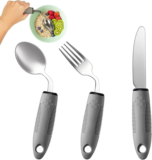 3-Piece Adaptive Utensils Set - 42° Angled Parkinsons Utensils, 2.5 oz Weighted Utensils for Tremors and Parkinsons Patients, Easy Grip Weighted Silverware for Hand Tremors (Right-Handed)