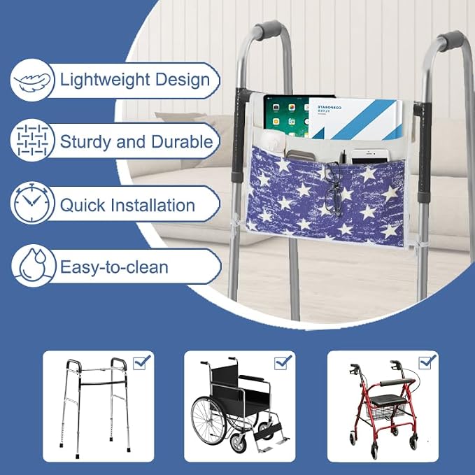TOGETRUE Walker Bag, Easy Access Walker Storage Basket with 2 Large Pockets, Walker Accessories Bag for Folding Walker, Wheelchairs, Strollers, 13"x14.5" (Blue)