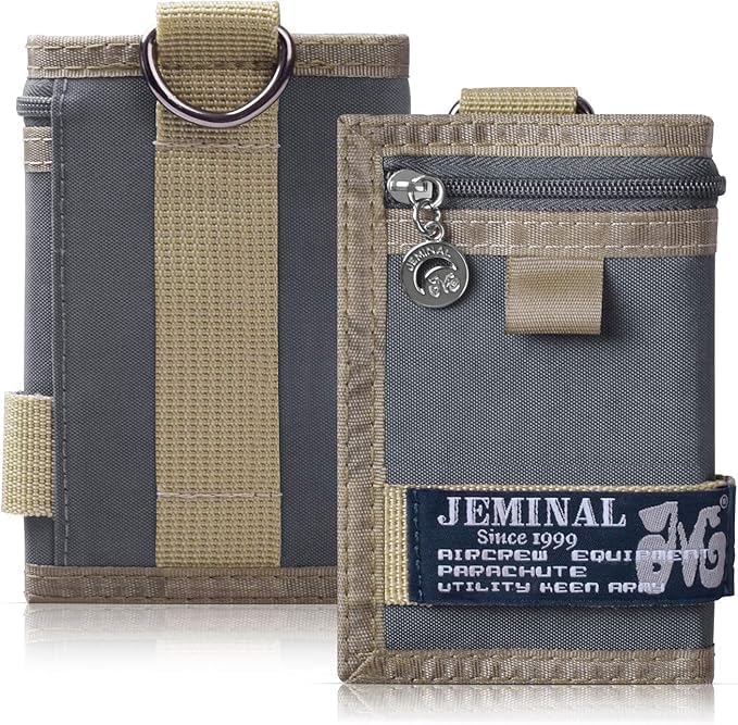 JEMINAL Trifold Canvas Wallet for Men Outdoor Sports Wallet with Keychain, Multiple Card Slots, ID Window, Lightweight Nylon Casual Wallet, Grey