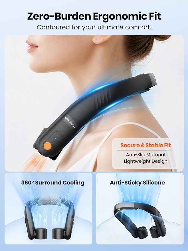 Warmco N4 5200mAh Rechargeable Neck Fan for Travel and Outdoor Use | 11-15H Runtime, 7m/s Airflow, 60° Dual Vents, Hands-Free Wear, Soft Silicone Neck Rest, LED Indicator