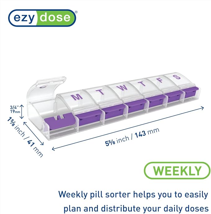 EZY DOSE Weekly (7-Day) Pill Case, Medicine Planner, Vitamin Organizer Box, Medium Push-Button Compartments, Convenient and Easy to Use, Color May Vary, BPA Free