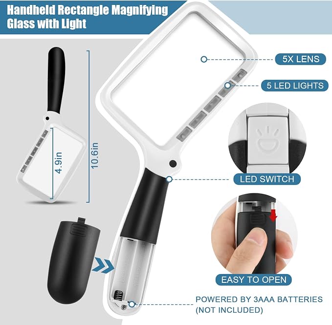 Folding Handheld Magnifying Glass with Light, 3X Large Rectangle Reading Magnifier, Dimmable for Seniors with Macular Degeneration, Newspaper, Books, Small Print, Lighted for Low Visions White Black