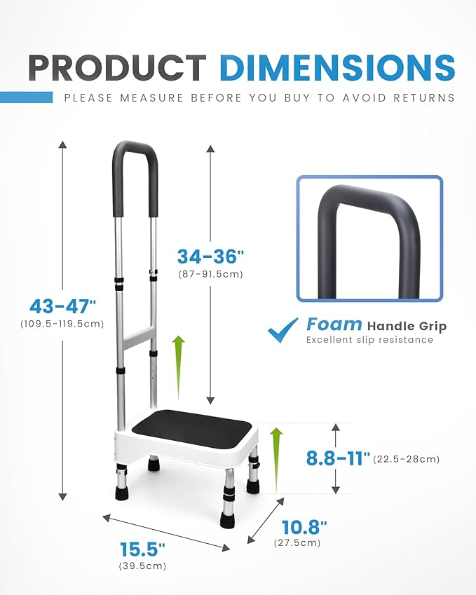 Sangohe Step Stool with Handle for Elderly, Aluminum Step Stools for Adults, Step Stool for Bed, Step Stool with Adjustable Handle and Legs, 275LBS Weight Capacity, 503A