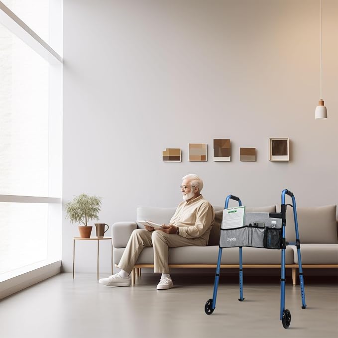 Loyoda Folding Walker for Seniors, Lightweight Aluminum Standard Walker | Trigger Release Foldable, 5" Front Wheels, Height Adjustable, Storage Bag, Ski Glides, Blue