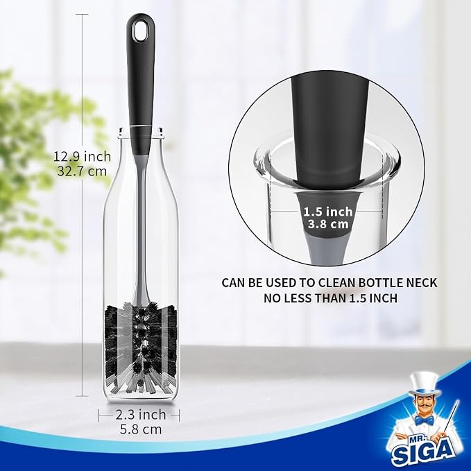 MR.SIGA Long Handle Bottle Brush, Non-Scratch Water Bottle Brush Cleaner | 2 pack bottle brushes for cleaning, drinking glasses brush with non slip handle, 5.8 cm(2.3 inch) wide brush head