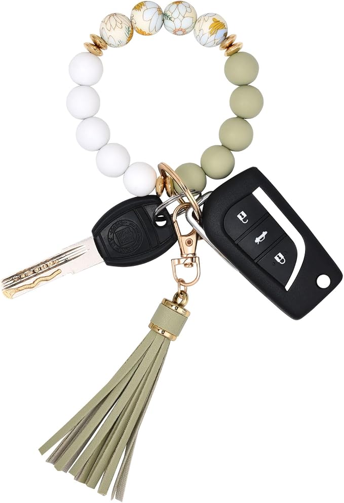 BAOSIWA Silicone Beaded Bracelet Keychain Wristlet Key Ring Bangle Chains for Women with Leather Tassel