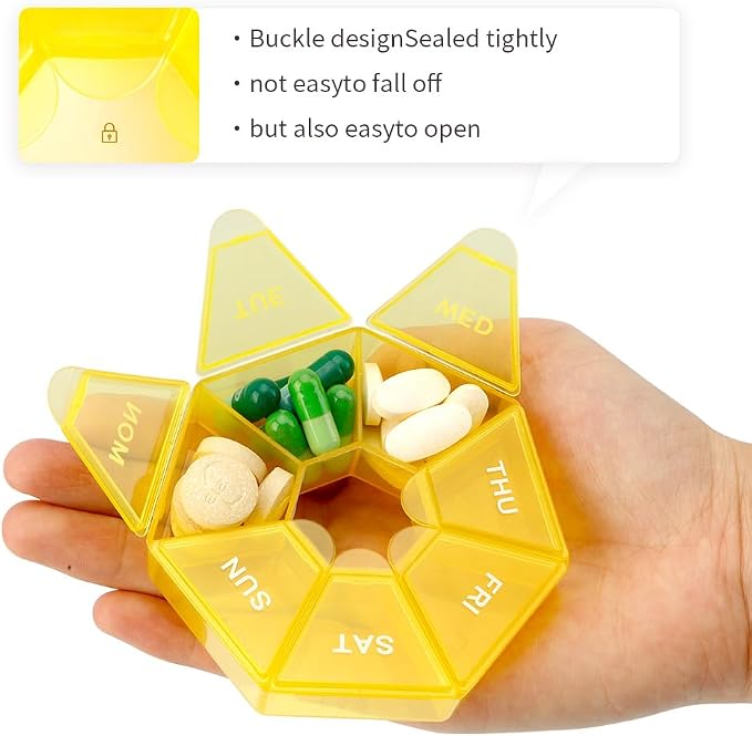 Pill Organizer 2 Pack - Weekly 7 Day Small Case for Medicine, 1 Time a Day Container, Travel Holder (Yellow)