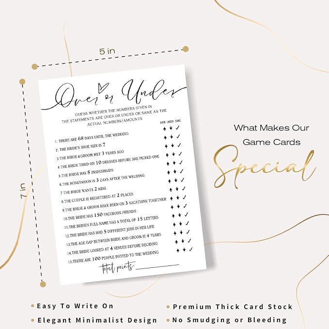 Wedding Shower Games Cards, Guess Over or Under, Bridal Shower Games 25 Guests, Engagement Party Wedding Games for Guests, Minimalist White Wedding Party Supplies - A13