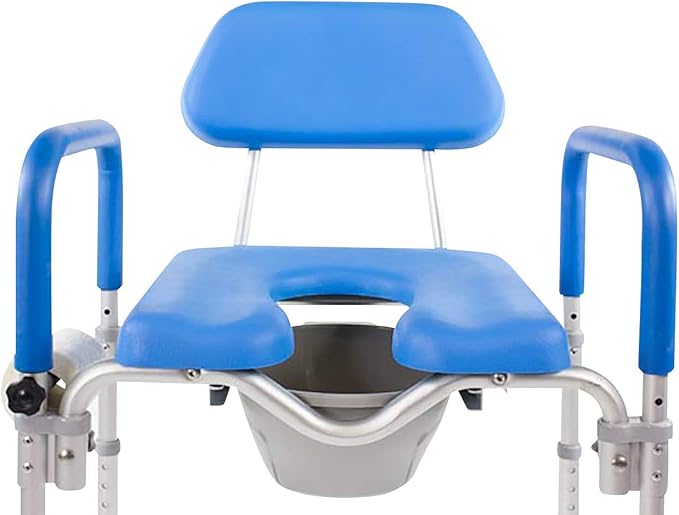 Dignity Ultra-Premium Padded Commode Shower Chair, Comfortable Raised Toilet Seat with Padded Arm Handles and Backrest, for Seniors, Elderly, Adjustable Height, Includes Commode Pail and Lid, Blue