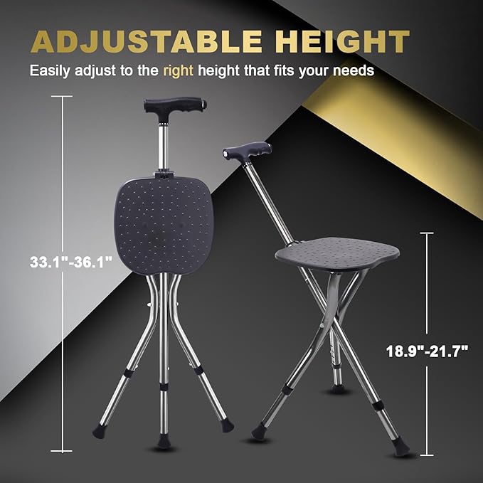 BigAlex Alloy Folding Cane with Seat, Lightweight Adjustable Walking Cane with Seat, Cane Seat with LED for Seniors, Cane Chair for Woman/Man,Anti-Slip Walking Stick for Seniors