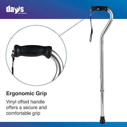 Days Standard Bariatric Offset Cane with Tall Height Adjustment, Bariatric Cane with Rubber Tip, Heavy Duty Walking Cane for Weight Bearing, Mobility Aid for Elderly, Silver with Black Handle