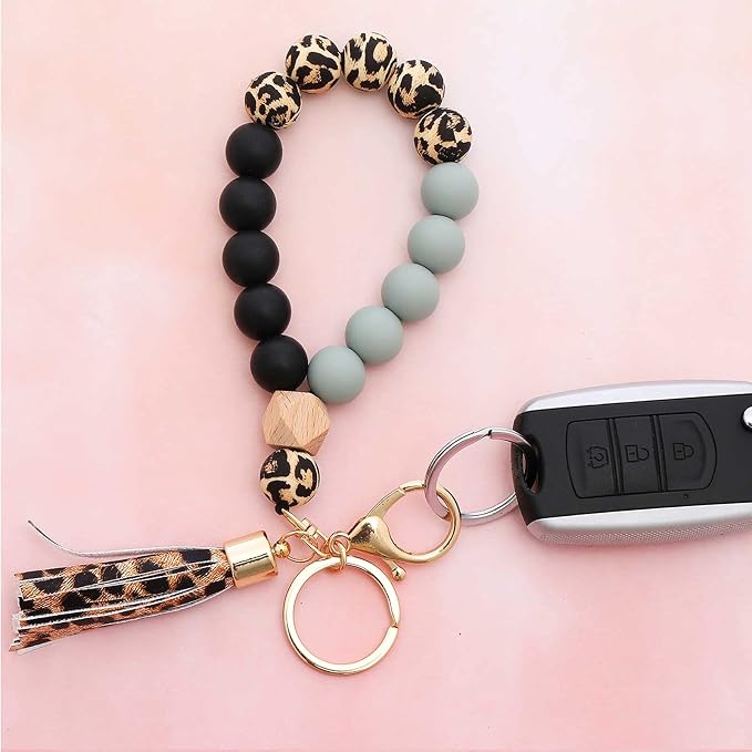 BAOSIWA Silicone Key Ring Bracelet Wristlet Keychain Unique Beaded Bangle Key Chains for Women with Leather Tassel