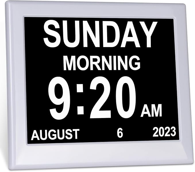 Day Date Time Clock for Seniors Elderly Digital Calendar Dementia Impaired Vision Memory Loss Clock with 3 Medication Reminders + 5 Custom Reminders(White,8-inch)