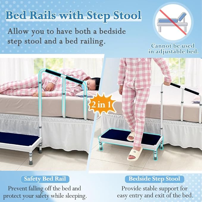 Bedside Steps for High Beds Step Stool with Handle for Elderly Bed Guard Rails for Adults Fall Prevention Devices Bed Cane Assist Bar Handrails Seniors Wide Platform Footstool (31.6"- Stool)