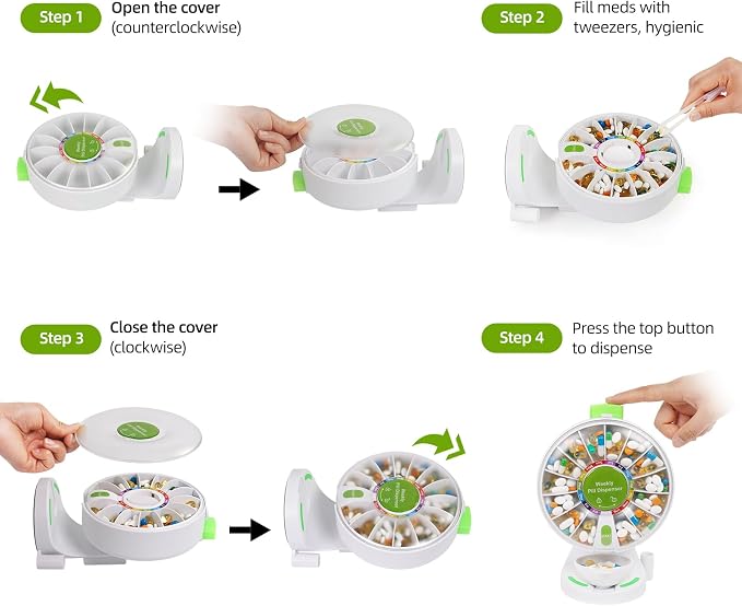 EziMedPil Pill Dispenser with One-Press Button & Braille Symbol for Seniors | No-Flip Design Wall-Mounted or Free-Standing with Med Cup & Tweezers for Medicine Hygienic, 14-Day Organizer for Vitamins